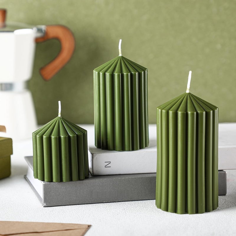 Conelist Set of 3 Ribbed Pillar Candles Soy Wax Scented Ribbed Candles Includes 2.8, 4.2 and 5.1 Inches Heights Romantic Decoration for Home Birthday Gift(Moss Green) - Image 1